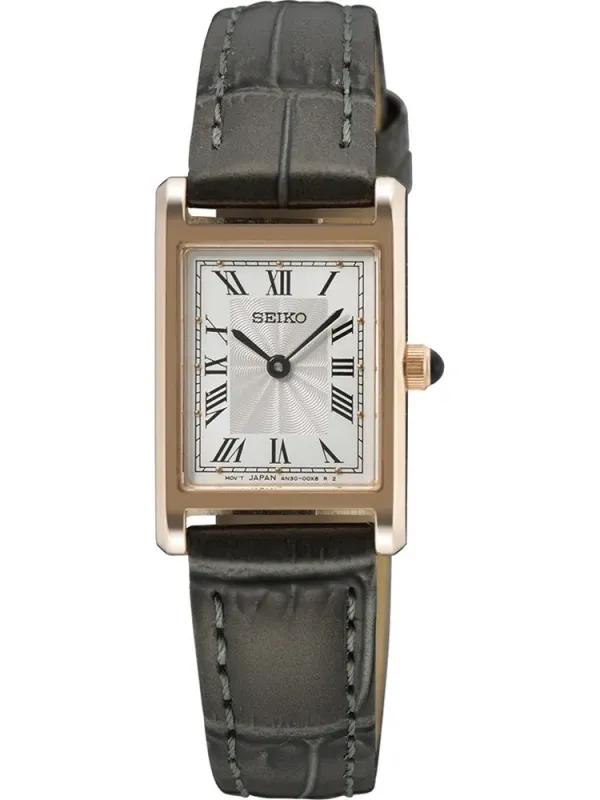 Vista frontal completa del reloj con caja rectangular y correa de piel gris sobre fondo blanco