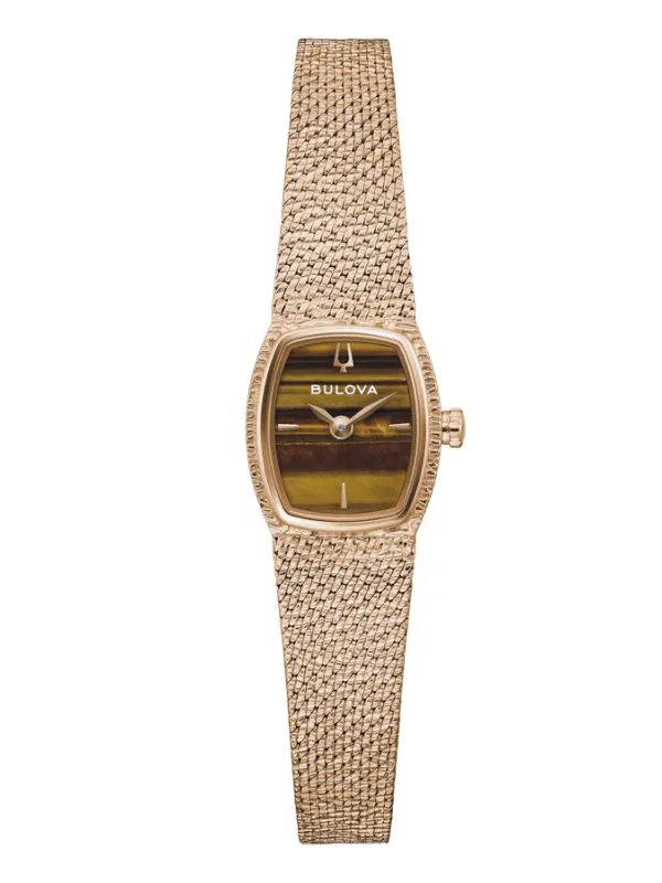 Reloj de mujer con brazalete de malla y esfera marrón, vista frontal completa sobre fondo blanco.