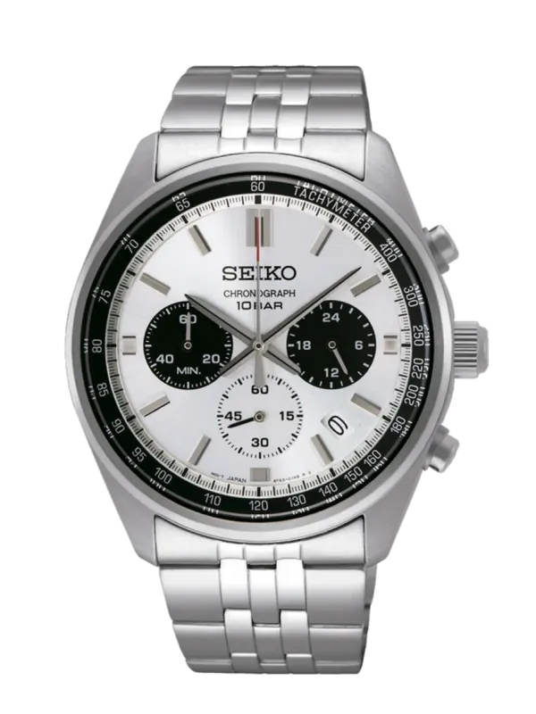 Vista frontal completa del reloj con esfera blanca y brazalete de acero sobre fondo blanco
