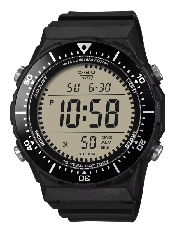 Vista frontal completa del reloj digital negro sobre fondo blanco.