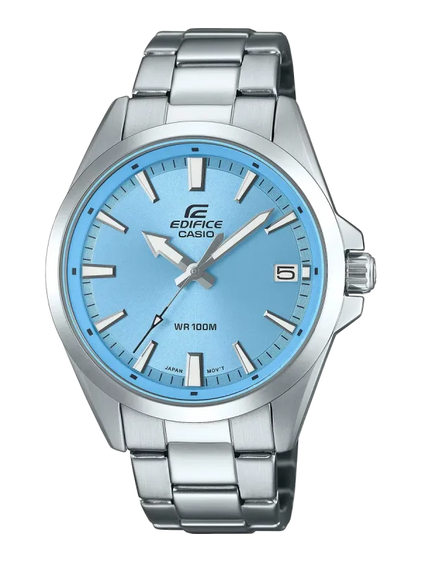 Vista frontal del reloj con esfera azul y brazalete de acero inoxidable sobre fondo blanco.