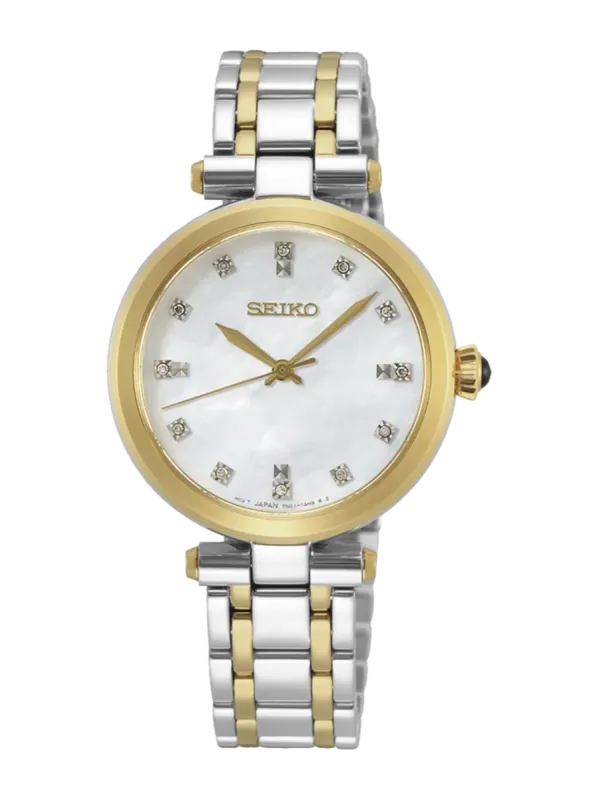 Vista frontal centrada del reloj sobre fondo blanco, destacando la esfera y el brazalete bicolor.