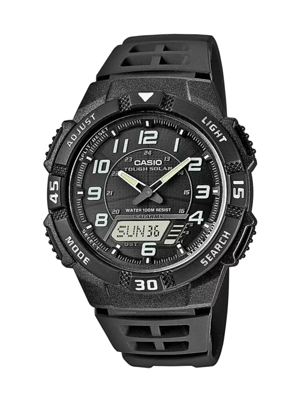 Vista frontal completa del reloj negro sobre fondo negro sólido.