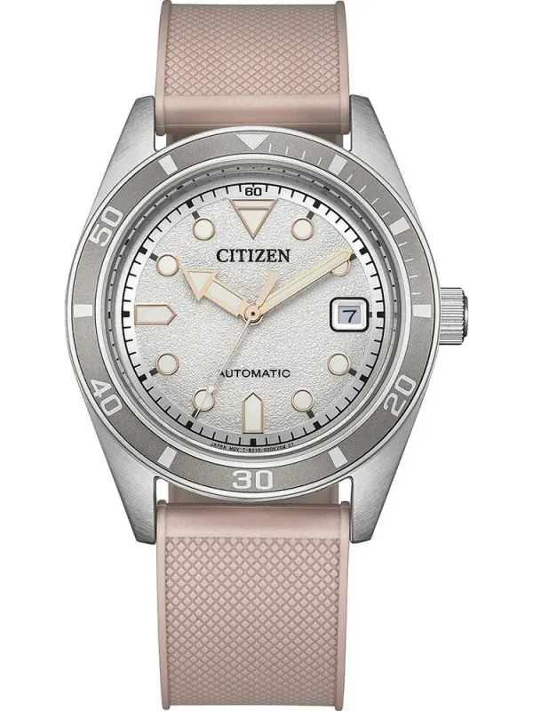 Vista frontal completa del reloj con esfera plateada y correa de goma rosada sobre fondo blanco