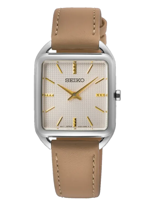 Vista frontal completa de reloj de caja cuadrada y correa beige sobre fondo blanco.