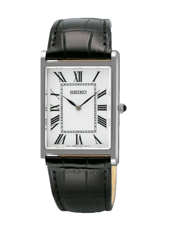 Vista frontal completa de reloj rectangular, esfera blanca con números romanos y correa de piel negra, fondo blanco.