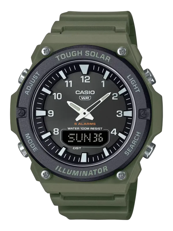 Reloj de resina verde oliva visto de frente sobre fondo blanco, con esfera negra y pantalla digital inferior.