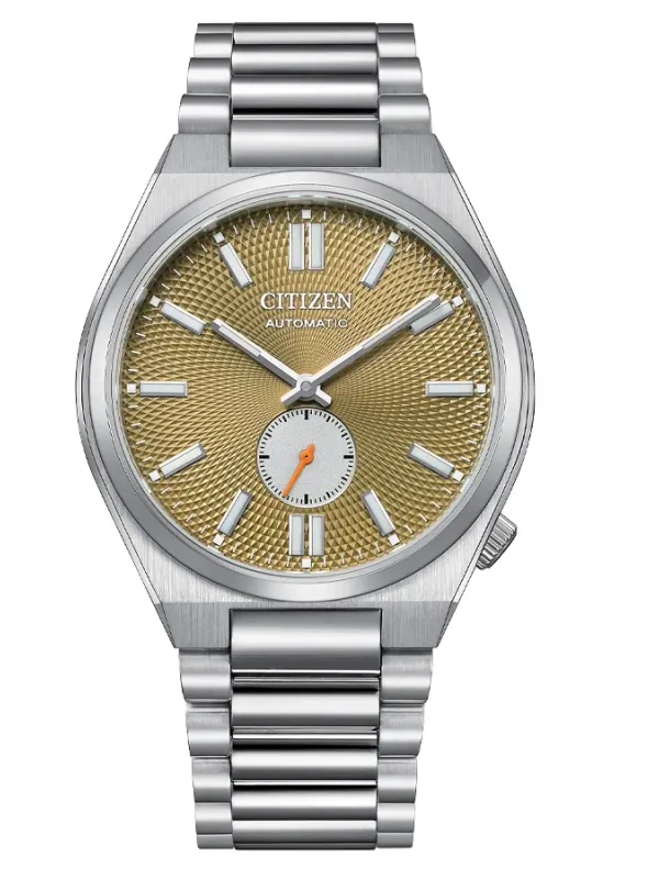 Vista frontal completa del reloj con brazalete de acero sobre fondo blanco