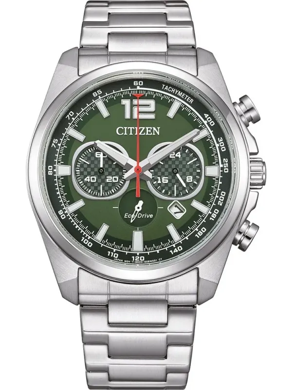 Vue de face complète de la montre avec cadran vert et bracelet en acier argenté sur fond blanc