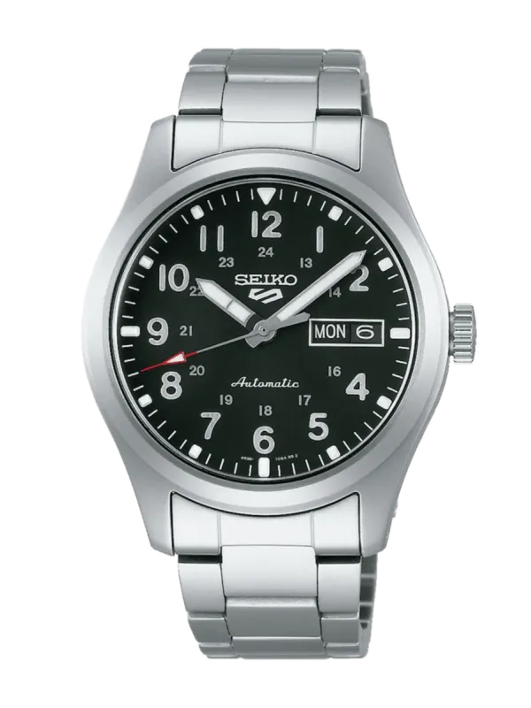 Vista frontal completa del reloj con esfera negra y brazalete de acero sobre fondo blanco.