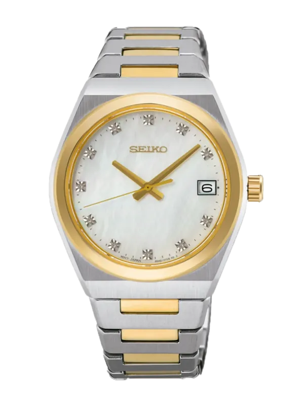 Vista frontal de reloj bicolor sobre fondo blanco, con esfera blanca y brazalete de acero integrado.