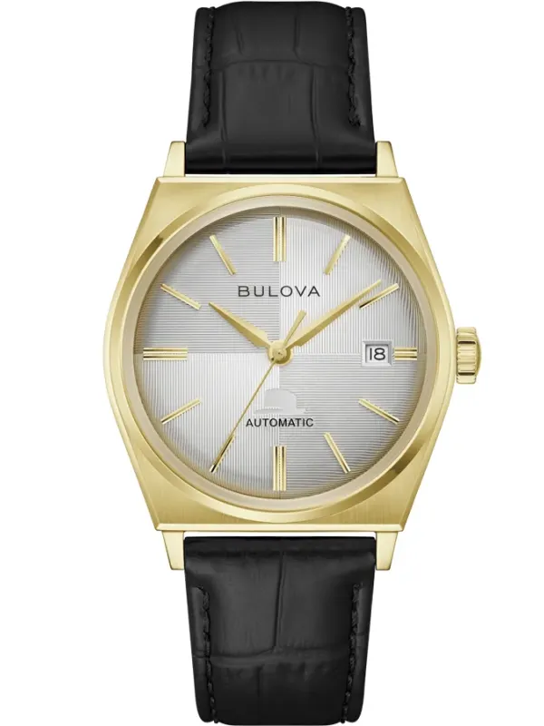 Vista frontal completa del reloj con caja dorada y correa de piel negra sobre fondo blanco.