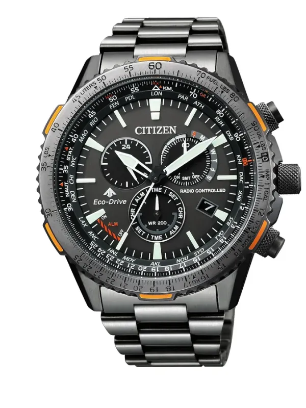 Vista frontal completa del reloj con dial antracita y brazalete negro sobre fondo blanco.
