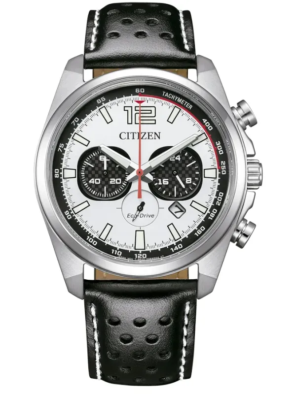 Vista frontal completa del reloj con esfera blanca y correa de piel negra perforada sobre fondo blanco.