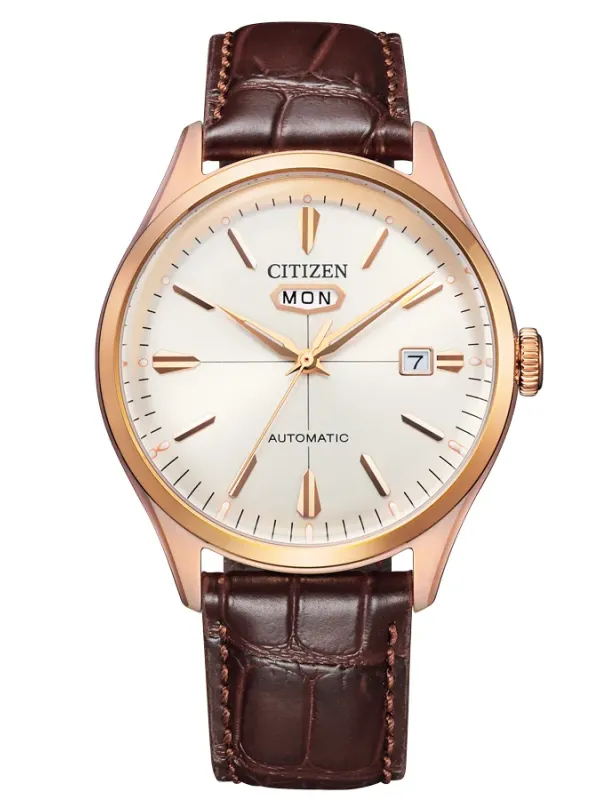 Vista frontal completa del reloj sobre fondo blanco, con esfera blanca y correa de piel marrón.