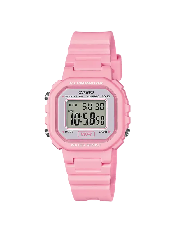 Vista frontal completa de reloj digital rosa sobre fondo negro.