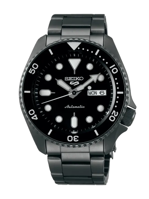 Vista frontal completa del reloj negro sobre fondo blanco, encuadre centrado.