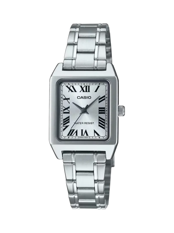 Vista frontal completa de reloj cuadrado con brazalete de acero inoxidable sobre fondo blanco.