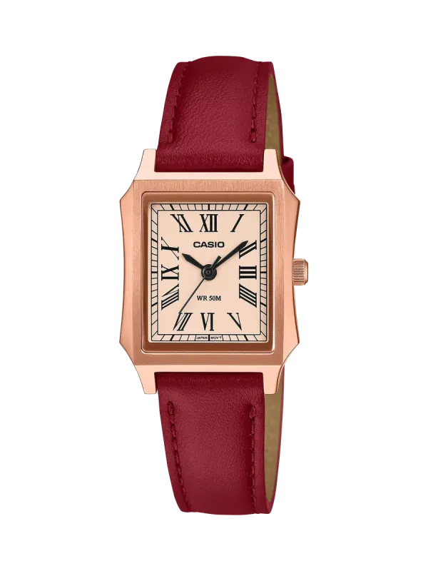 Reloj de caja cuadrada color oro rosa con correa de piel roja, vista frontal sobre fondo blanco