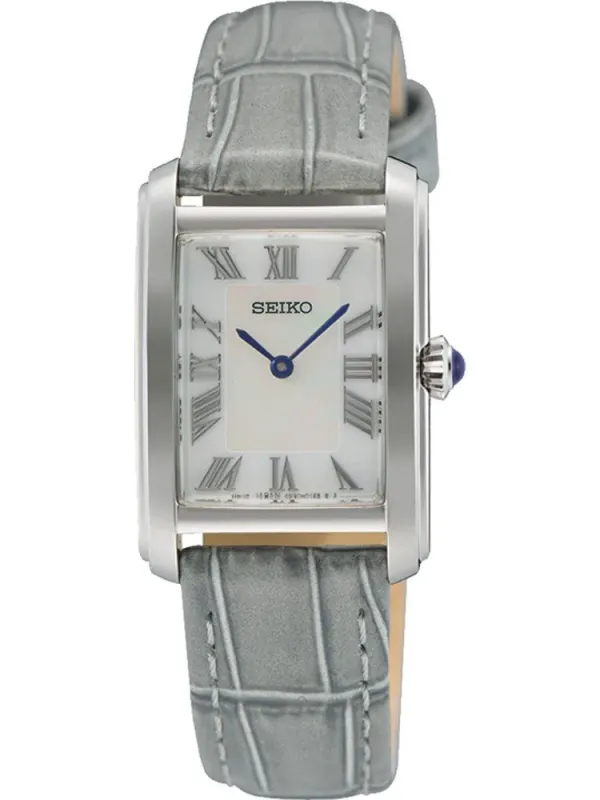 Vista frontal del reloj de caja rectangular y correa gris texturizada sobre fondo blanco