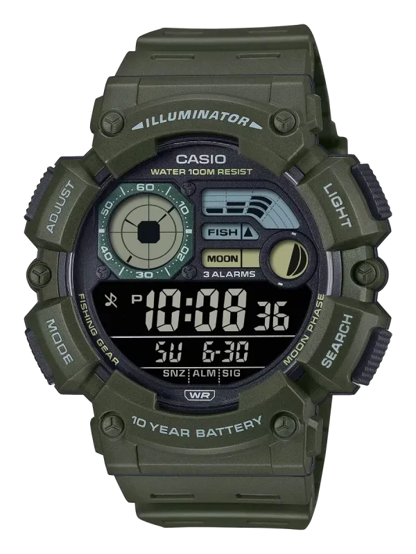 Vista frontal completa de reloj digital de resina color verde oliva sobre fondo blanco.