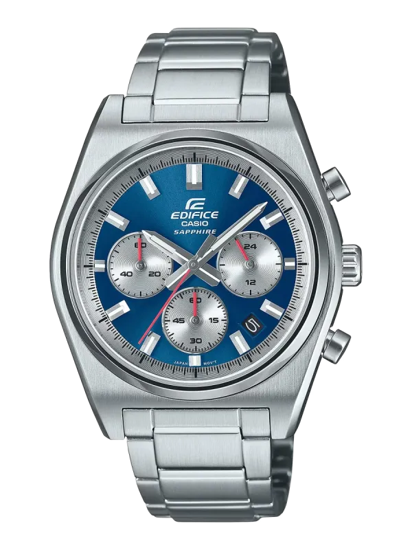 Vista frontal completa del reloj con esfera azul y brazalete de acero inoxidable sobre fondo blanco.