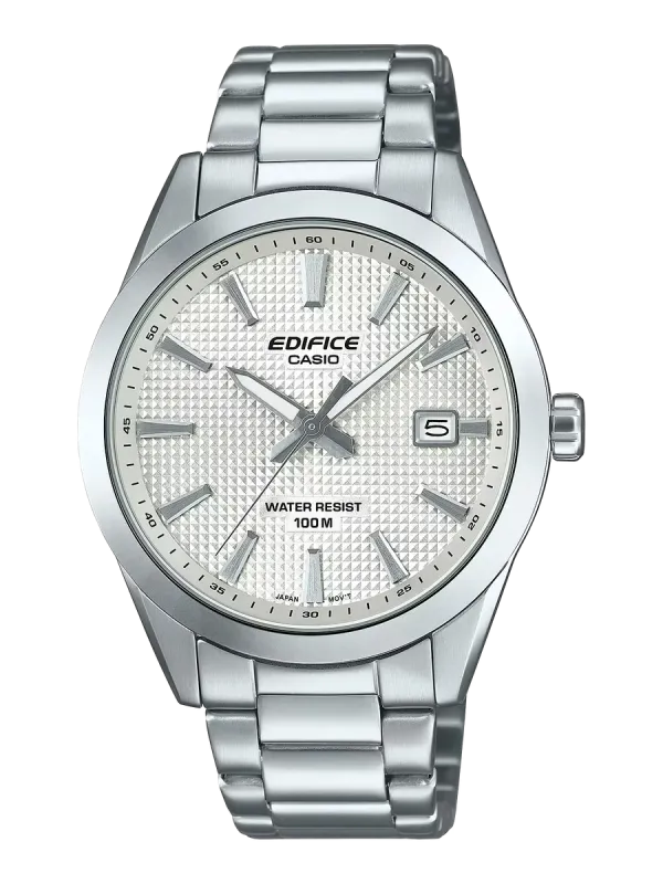 Vista frontal completa del reloj con esfera blanca y brazalete de acero inoxidable sobre fondo blanco.