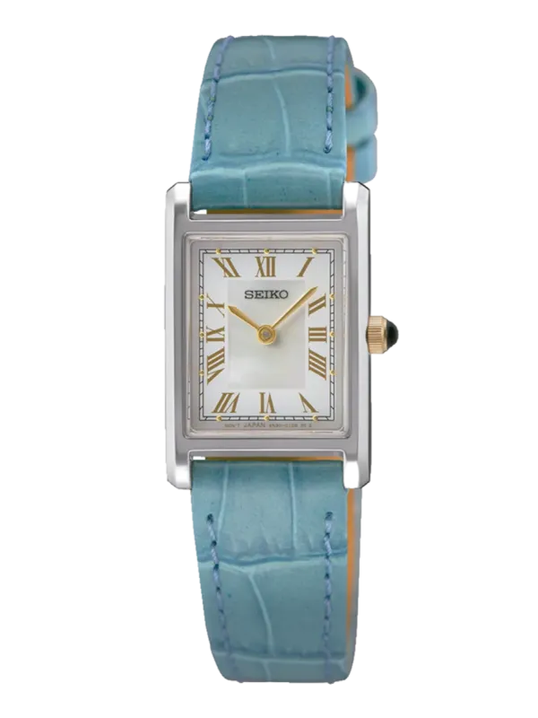 Vista frontal completa del reloj de caja rectangular y correa azul sobre fondo blanco.