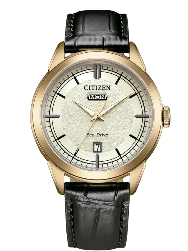 Vista frontal completa del reloj sobre fondo blanco, centrado, mostrando la esfera beige y correa de piel negra.