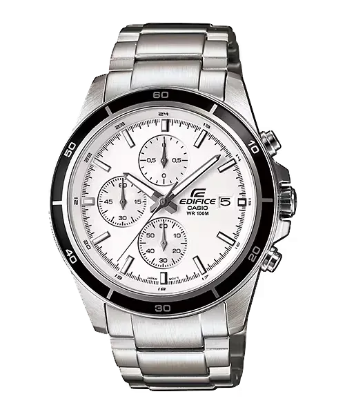 Reloj de pulsera visto de frente, fondo blanco, brazalete de acero inoxidable y esfera blanca.