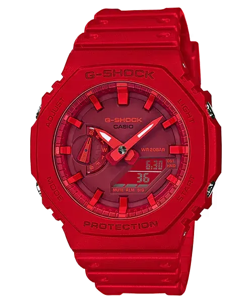 Vista frontal completa del reloj G-Shock rojo sobre fondo blanco.