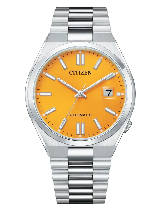 Vue de face de la montre avec cadran jaune et bracelet en acier sur fond blanc.