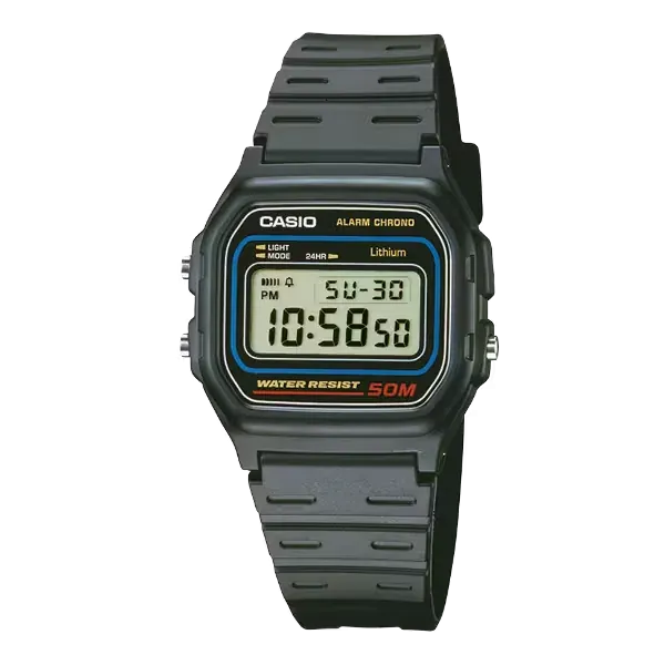 Vista frontal completa del reloj digital de resina negra sobre fondo negro.