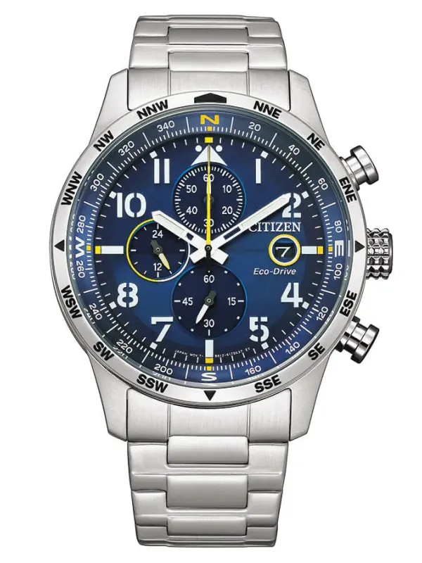 Vista frontal completa del reloj con esfera azul y brazalete de acero sobre fondo blanco.