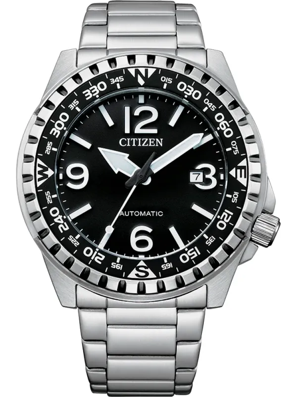 Vista frontal completa del reloj sobre fondo blanco, destacando la esfera negra y el brazalete de acero inoxidable.