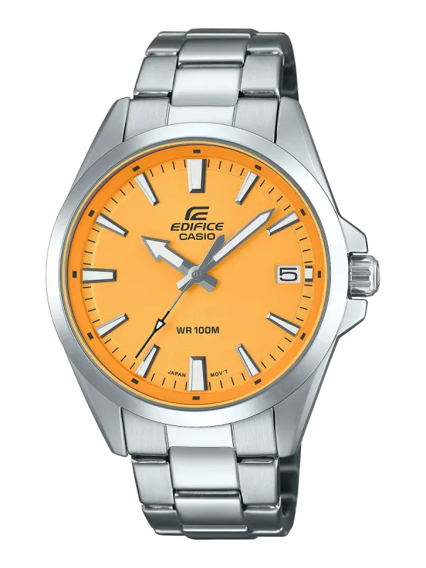 Vista frontal de reloj con esfera naranja y brazalete de acero inoxidable sobre fondo blanco.