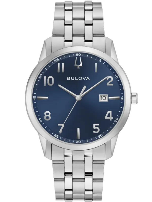 Vista frontal completa del reloj, centrado sobre fondo blanco, con esfera azul y brazalete de acero.