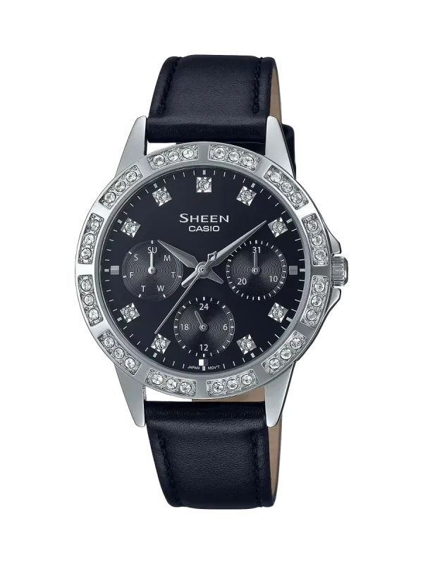 Vista frontal de reloj con esfera negra y bisel engastado con cristales, correa de piel negra, fondo blanco.