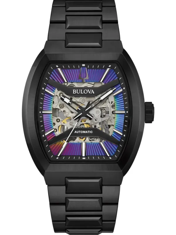 Vista frontal del reloj con esfera skeleton y detalles irisados, caja y brazalete negros, fondo blanco