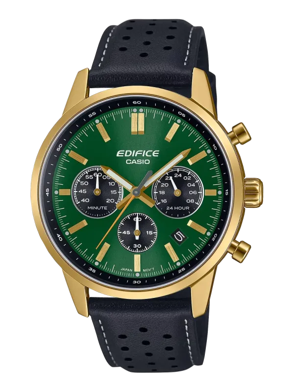 Vista frontal de reloj con caja dorada, esfera verde y correa de piel negra, fondo blanco.