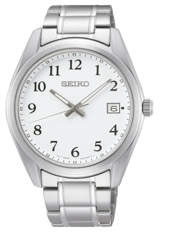 Vista frontal completa del reloj con brazalete de acero y esfera blanca sobre fondo blanco.