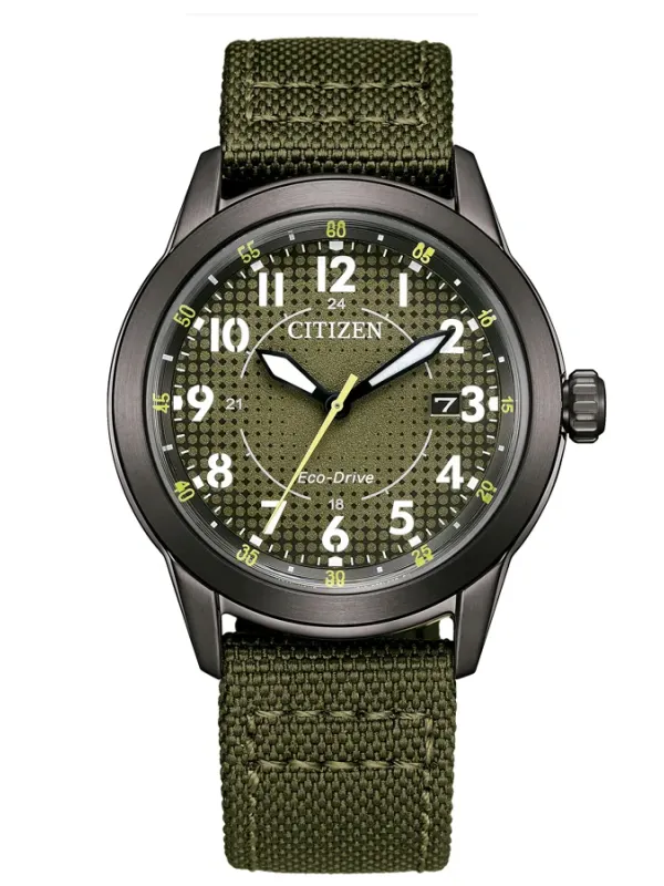 Vista frontal completa del reloj con correa de nylon verde sobre fondo blanco