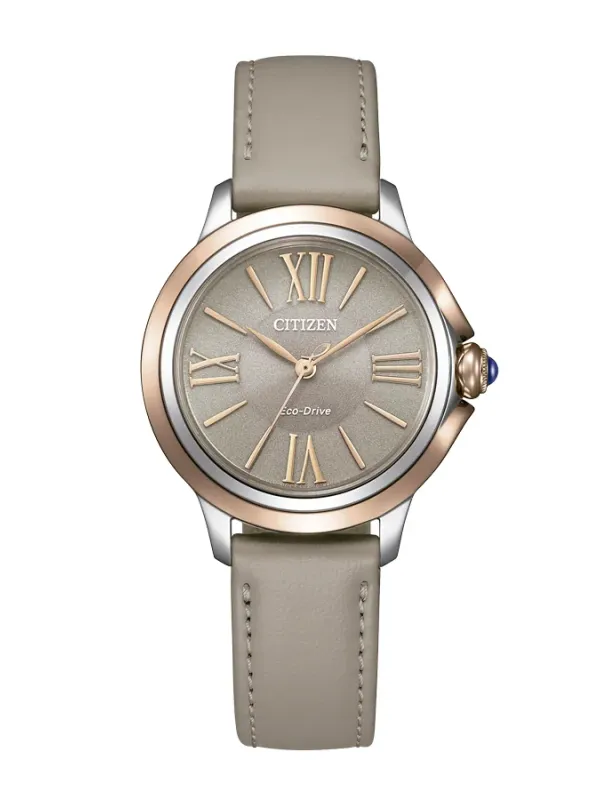 Vue de face centrée de la montre sur fond blanc, mettant en valeur le cadran marron et le bracelet en cuir gris.