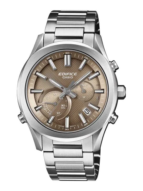 Vista frontal centrada del reloj con esfera marrón texturizada y brazalete de acero, fondo blanco.