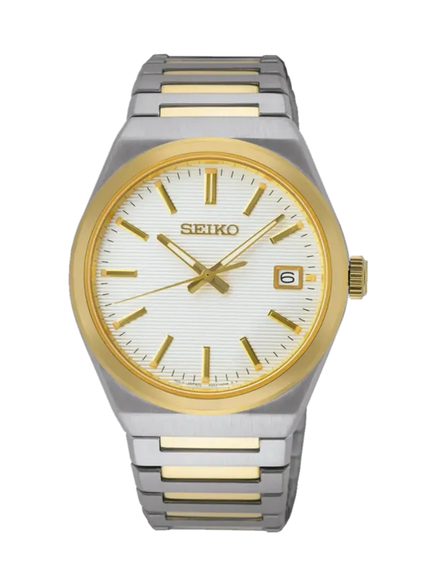 Vista frontal completa del reloj, fondo blanco, esfera blanca con bisel dorado y brazalete bicolor acero y oro.