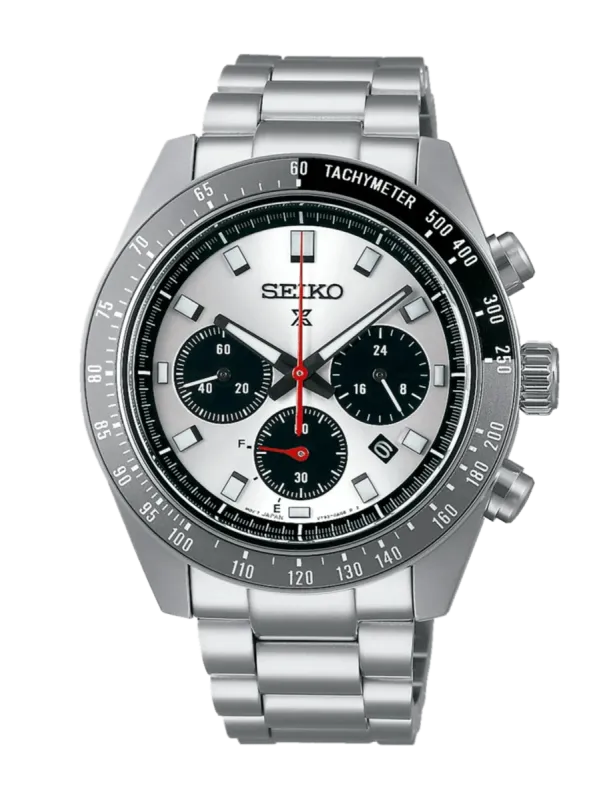 Vista frontal completa del reloj con brazalete de acero y esfera plateada sobre fondo blanco