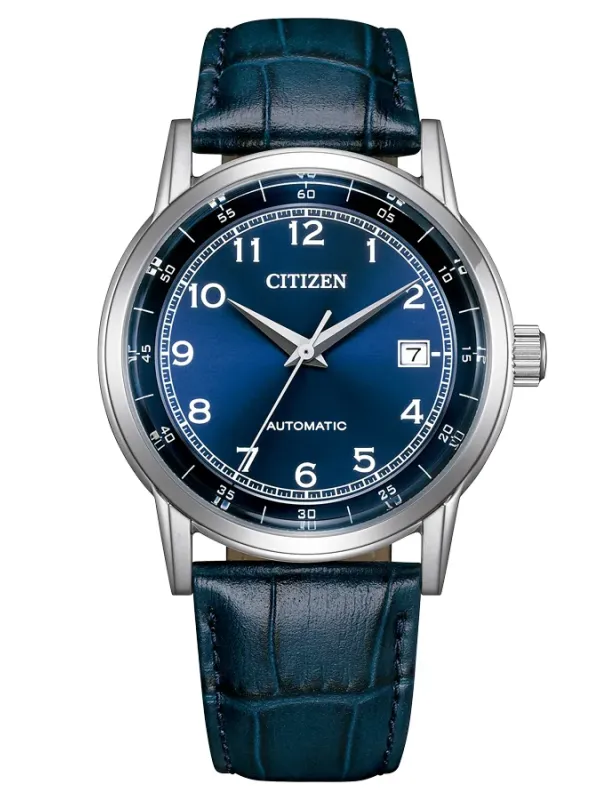 Vista frontal centrada del reloj con esfera azul y correa de piel azul, fondo blanco.