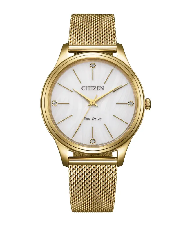 Vista frontal completa del reloj sobre fondo blanco, con brazalete de malla milanesa dorada y esfera blanca.