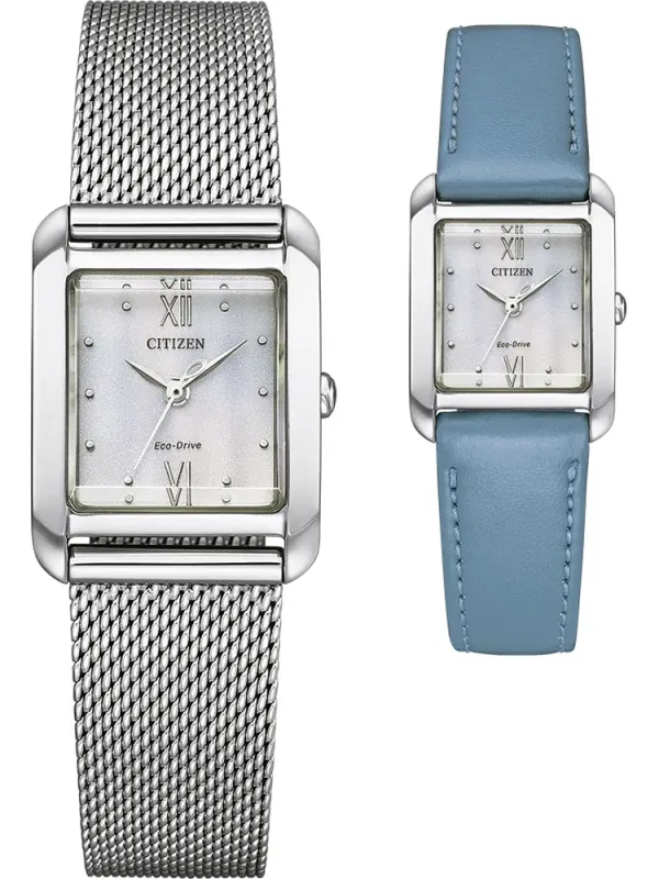 Vista frontal de dos relojes de caja rectangular plateada, uno con malla milanesa y otro con correa azul, fondo blanco.