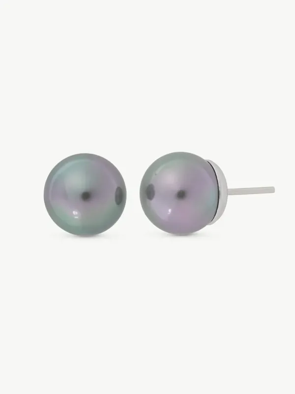 Pareja de pendientes de perla gris sobre fondo blanco, vista frontal y lateral con detalle del cierre de pincho.